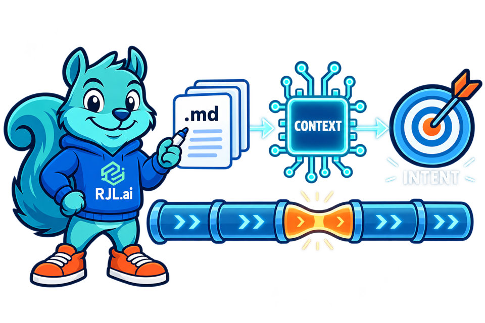 The RJL.ai squirrel mascot explaining a diagram: .md files feed context into an AI chip aimed at intent, above a pipeline with one orange bottleneck