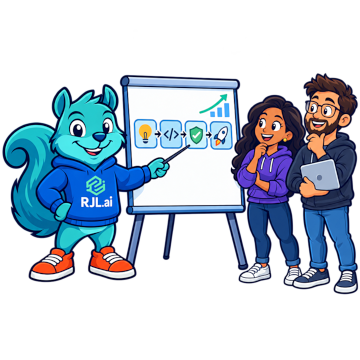 The RJL.ai squirrel mascot leading two engineers through an idea-to-ship delivery pipeline on a whiteboard