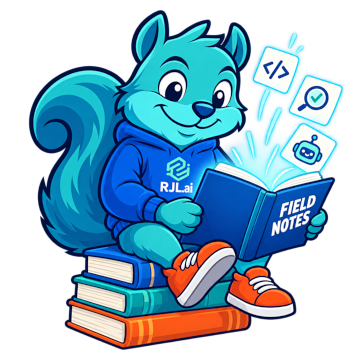 The RJL.ai squirrel mascot on a stack of books, reading a glowing Field Notes notebook