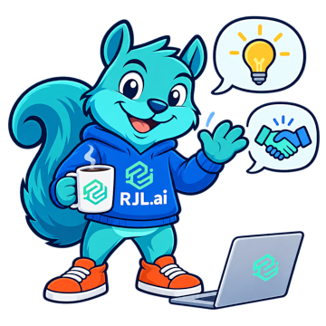 The RJL.ai squirrel mascot waving hello with a coffee mug, beside lightbulb and handshake speech bubbles