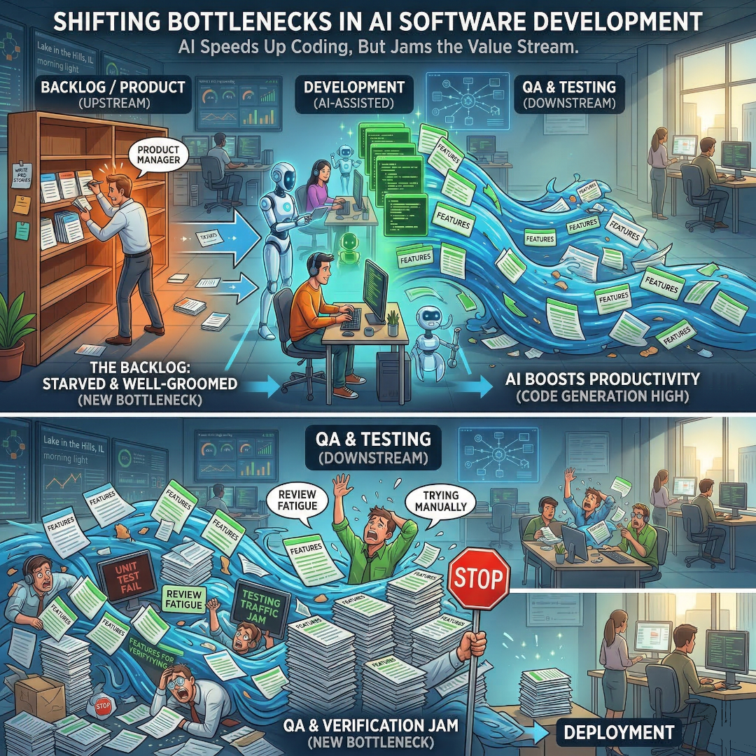 The bottleneck moved from coding to review, QA and requirements.