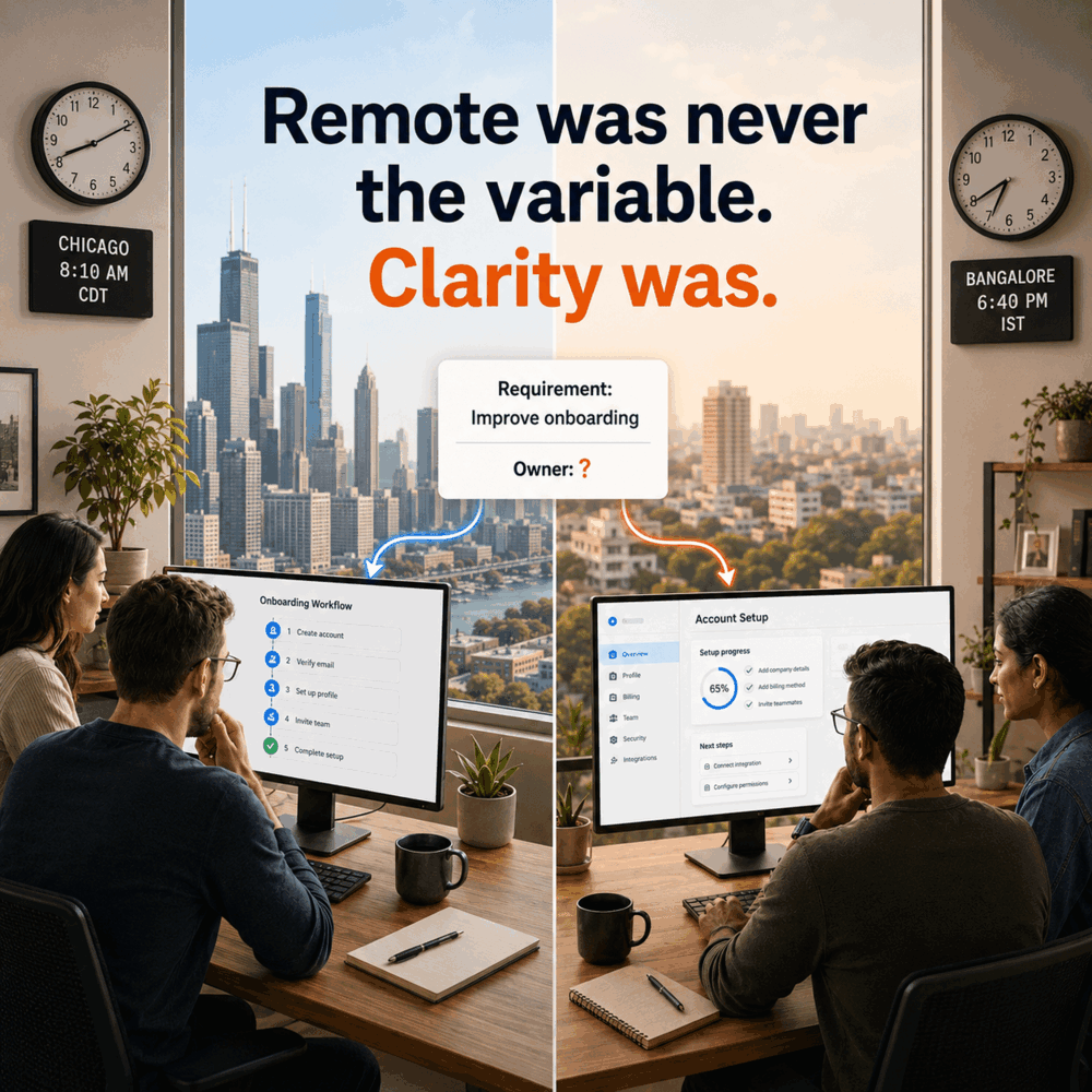 Remote was never the variable. Clarity was. Two distributed teams building different products from one vague requirement.