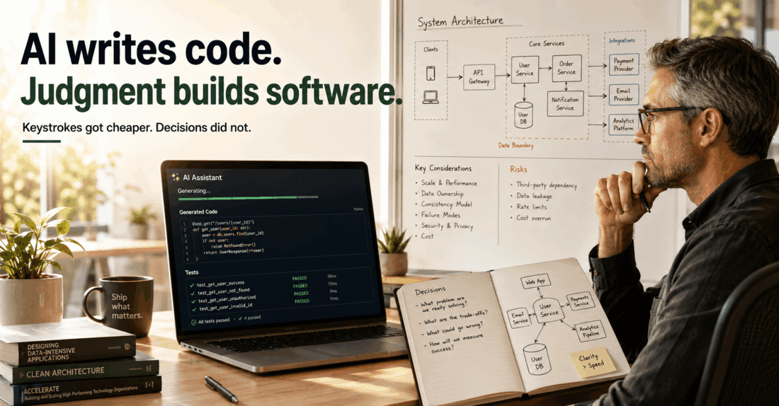 AI writes code. Judgment builds software. Keystrokes got cheaper, decisions did not.