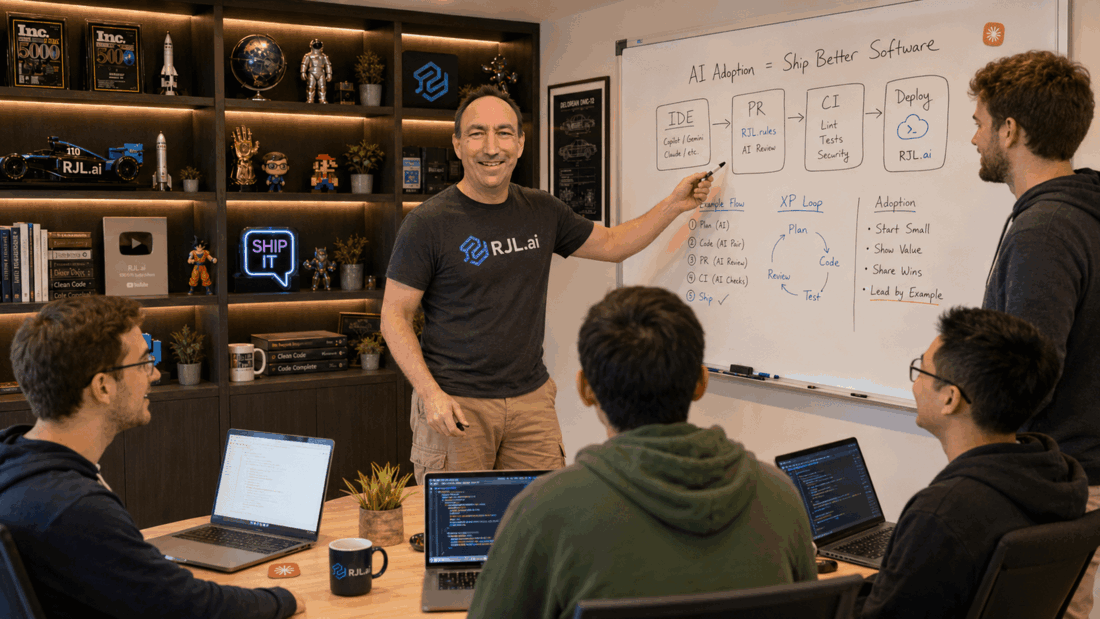 RJ Lindelof at a whiteboard mapping an AI-native pipeline from IDE to PR to CI to deploy, with an adoption list ending in Lead by Example.