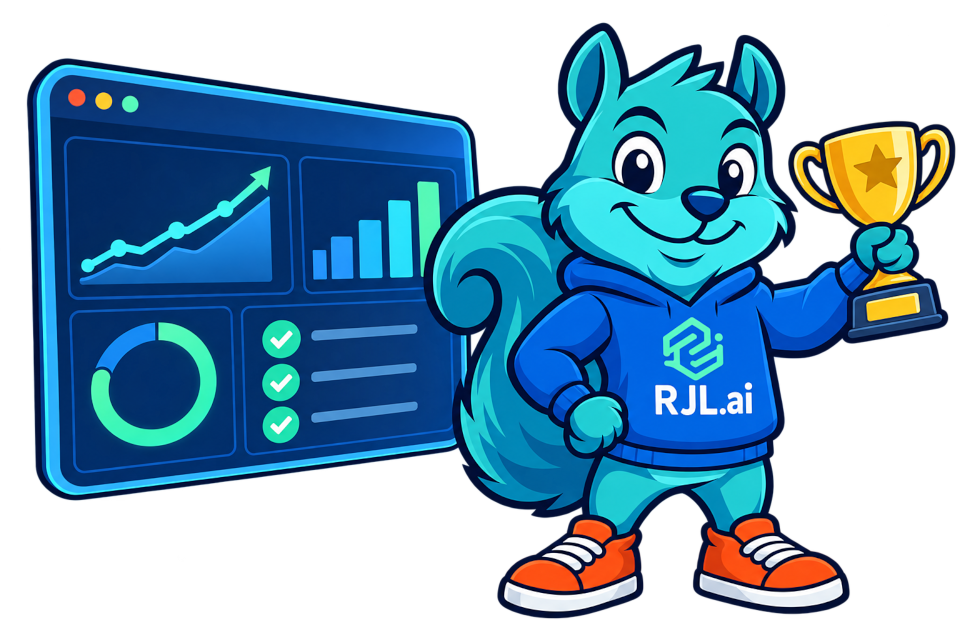 The RJL.ai squirrel mascot holding a trophy beside a dashboard of rising charts, a full gauge and green checkmarks
